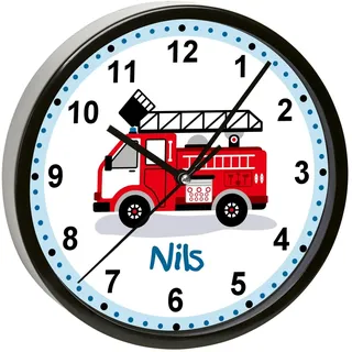 CreaDesign, Wanduhr Kinder personalisiert mit Name, Motiv Feuerwehr Drehleiter, Rahmen Wanduhr schwarz, Ø 19,5 cm