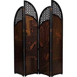 Casa Padrino Luxus Raumteiler Schwarz / Gold Enten im See Motiv 184 x H 206 cm - Vintage Style Paravent