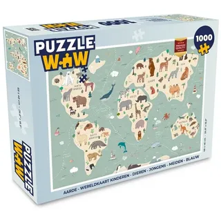 MuchoWow Puzzle Erde - Weltkarte Kinder - Tiere - Jungen - Mädchen - Blau, 1000 Puzzleteile, Foto-Puzzle, Bilderrätsel, Puzzlespiele, Klassisch grün 48 cm x 68 cm x 2 cm