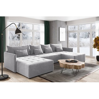 silape Wohnlandschaft Leno U mit Schlaffunktion - U-Form Couch, Ecksofa mit Bettkasten, Couchgranitur mit Bettfunktion, Schlafsofa, Big Sofa - Velours Sto... - Grau
