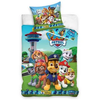MTOnlinehandel Kinderbettwäsche Paw Patrol 135x200 + 80x80 cm, 100 % Baumwolle, Renforcé, 2 teilig, Bettwäsche-Set für Kinder, Mädchen und Jungen blau