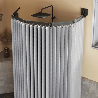 Duschvorhang Ohne Bohren,duschvorhangstange L/u Form Und Starker Saugnapf, Faltbarer Duschvorhänge Anti Schimmel Wasserdicht/waschbar Für Eckdusche, Shower Curtains,Grey-5-Folds