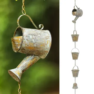 Brogan Rustikale Metall-Gießkanne und Eimer, dekorative Regenkette, mit Glockenspiel, Hänge-Display für Außenbereich, Terrasse, Garten, Hof, Akzente oder Heimdekoration (Grünspis)