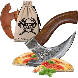 VIKING CRAFT® Pizzaschneider Axt - Hochwertiges Pizzamesser mit Wikinger Motiv und Lederschutz - Ideal als Wiegemesser Pizza Axt, Mittelalter Deko, LARP, Geschenke