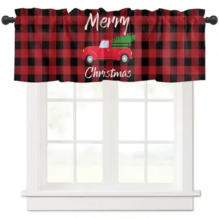 Surwin Bistrogardine Coffee Break Scheibengardine Küchengardine mit Rote Weihnachten Motiven, Kurzgardine Wohnzimmer Landhaus Càfe Gardinen Moderne Kurz Vorhang (137x45cm,rot Karierter Lastwagen)