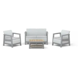 Keter SCANDI LINEA Lounge-Set für 4: 2-Sitzer Sofa, 2 Sessel & Couchtisch, Outdoor, taupe Struktur, beige Kissen - Hellgrau/Taupe/Beige