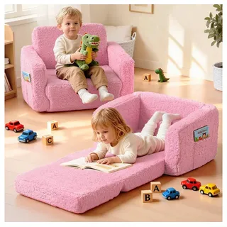 Insma Kindersofa Klappbar 2 in 1 Schlafsofa, Kindersessel Loungesessel mit Seitentasche und Griff rosa