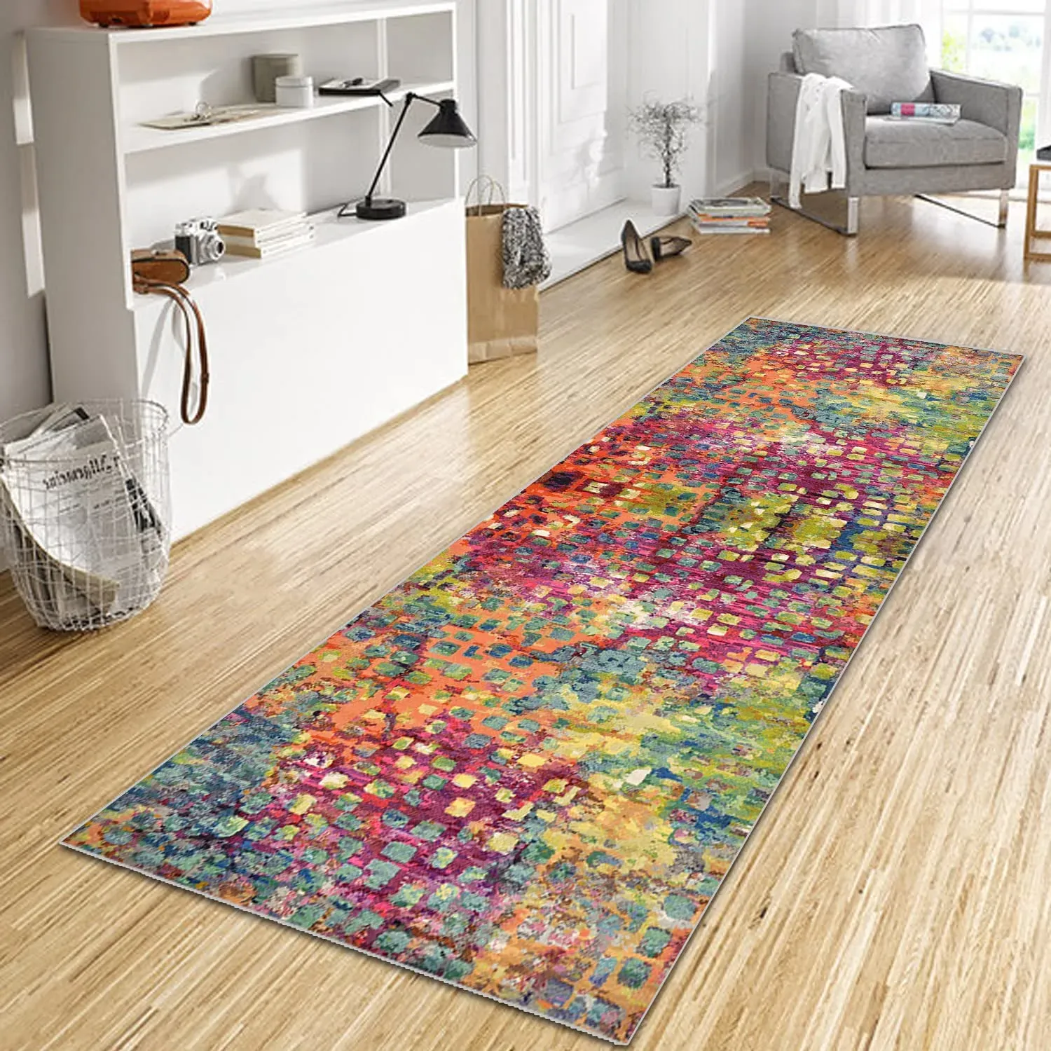 Flurteppich Läufer 60x200 Cm – Grau, Geometrisches Muster, Rutschfeste Unterseite, Waschbar