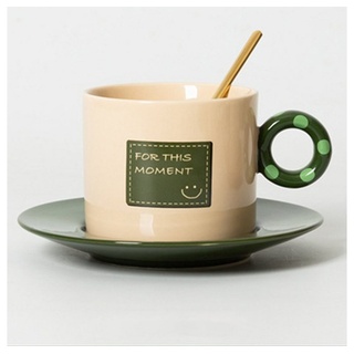 Dekorative Kaffeeservice Keramik-Kaffeebecher, Kunst-Kaffeebecher-Set, Vintage-Stil (1-tlg), Teetasse mit Untertassen und Löffel, Ceramic Teetasse Set grün