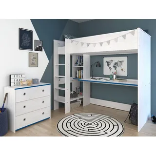 Parisot Jugendzimmer-Set Tivaro, (Hochbett (90x200) mit Schreibtisch und Kommode, Kiefer weiß mit Blau oder Pink), kein Lattenrost erforderlich weiß
