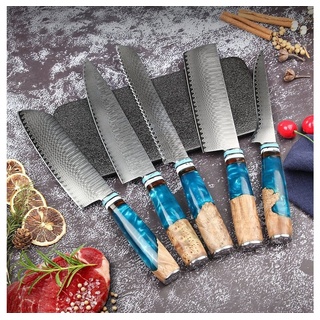 KingLux Messer-Set 5tlg.Damast Küchenmesser Chef Santoku Brot Ausbeinmesser (5-tlg) blau