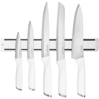 hecef Messerset mit 33 cm Messer-Magnetleiste, 6-tlg., Weiß | Koch-, Brot-, Tranchier-, Universal- und Schälmesser, platzsparend und griffbereit an der Wand aufbewahrt
