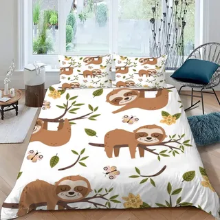 AASIRA Cartoon-Faultier Bettwäsche 135x200 Kinder Bettwäsche Kawaii-Tiere Weiche Mikrofaser Bettbezug mit Reißverschluss Jungen Mädchen Bettwäsche-Set 3D Motiv Bettbezüge mit 2 Kissenbezug 80x80