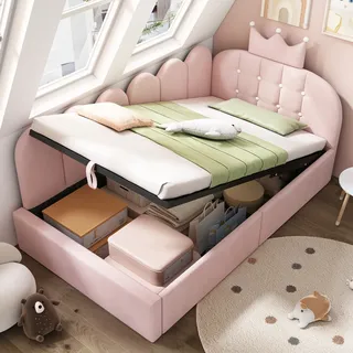 Daybett 90x190 Cm Mit Stauraum Und Hydraulischem Bettkasten, L-form Polsterbett Schlafsofa Aus Samt In Rosa, Gästebett Mit Kronen-design