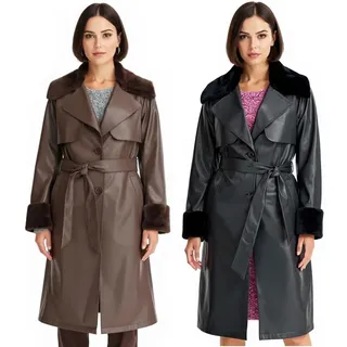 Damen Lederimitat-Mantel mit Teddyfell Kragen Kunstlammfell-Jacke Herbst-Mantel 914589 Braun oder 957801 Schwarz - 46