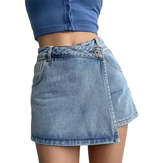 Damen Rock Hoher Minirock High Waist Kurz Freizeitrock Elegant Mini Short Skirt mit Taschen Jeans Shorts 2 in 1 Hosenrock mit Schlitz Wickelrock Asymmetrisch Mode Blau Short(Size:XL) - XL