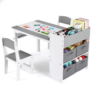 Clevich Kindertisch mit 2 Stühlen, Kindertisch mit Stauraum, Kinder Tisch Stuhl Set Holz,Maltisch Schreibtisch mit Papierrolle, 4 Aufbewahrungskiste,Kindersitzgruppe Kindertagesstätte,Grau
