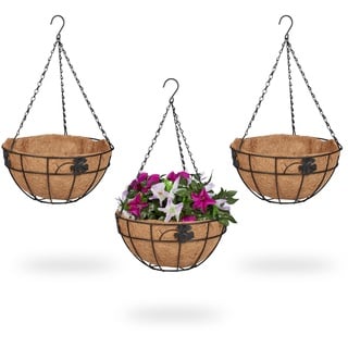 Relaxdays Blumenampel 3er Set, Metallkorb & Kokoseinlage, H x D: 48 x 31 cm, Hängepflanzen, innen & außen, braun/schwarz