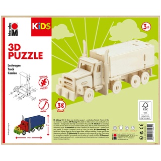 Marabu 317000000004 - KiDS 3D Holzpuzzle Lastwagen, mit 38 Puzzleteilen aus FSC-zertifiziertem Holz, ca. 19 x 8 cm groß, einfache Stecktechnik, zum individuellen Bemalen und Gestalten