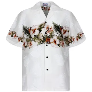 Pacific Legend Hawaiihemd "Blumen Brustdruck" Herren Kurzarm Kokosknöpfe Original Hawaii weiß 3XL