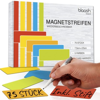 75 Magnetstreifen 75 x 25mm beschreibbar | Magnete für Whiteboards, Kühlschränke, Magnettafeln & metallische Oberflächen | inkl. Stift & Radierer | Bunte Magnetschilder zum Beschriften