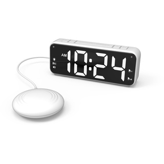 PROFI VIBRATION Uhr Tischuhr XXL Display Senioren vibrierender Wecker Vibrationsalarm, 2 Alarmzeiten einstellbar + Vibrationskissen fürs Bett für Hörgeschädigte, Senioren + Tiefschläfer (weiß)