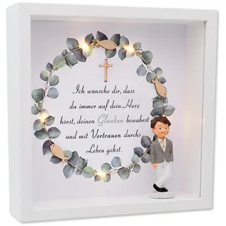 ZauberDeko Geschenkrahmen Holz Bilderrahmen Diorama Geldgeschenk Gutschein Kommunion Konfirmation Junge Eukalyptus LED