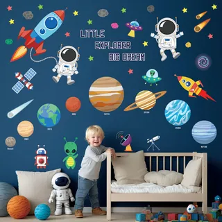 DECOWALL DSL-8058 Weltraum-Wandaufkleber zum Abziehen und Aufkleben abnehmbar Kinderzimmer Schlafzimmer leuchtende Sterne dunkler Planet Junge Sonnensystem Galaxie Mond Sonne Astronaut Raumschiff baby