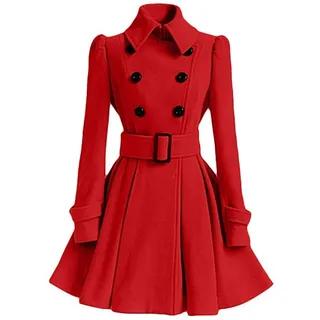Onsoyours Rot Mit Bindegürtel Umlegekragen Langarm Peplum WollMantel Winter Warme Ausgestellter Tweed Mantel Damen Mode L - L
