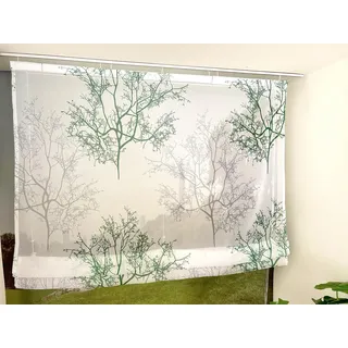 Devola Raffrollo Zweige Gardinen mit Druck Raffgardine Landhaus Rollos für Fenster Küchenvorhang Kurz Transparent Modern Fenstergardinen Wohnzimmer HxB 140x80cm Grün mit Klettband 1 Stück