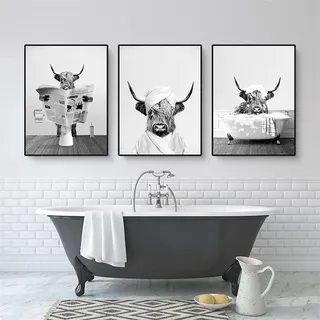 Trayosin 3er Poster Set, Lustige Hochland Kuh Badezimmer Bilder,Schwarz Weiß Leinwand Bild,Wandkunst Bauernhaus Badezimmer Wanddeko Kunst,Rustikale Stil Wandbilder,ohne Rahmen (40x50cm)