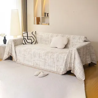 Chenille Wohndecke 180 x 280 cm, wendbar, Quasten, khaki, für Sofas