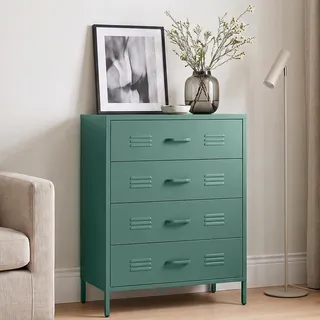 skølm Atria Kommode 100x80x40 cm, 4 Schubladen, Dunkelgrün, Metallschrank | Sideboard, Mehrzweckschrank Allzweckschrank, Aufbewahrungsschrank/Flurschrank/Schubladenschrank/Industrial Highboard Flur