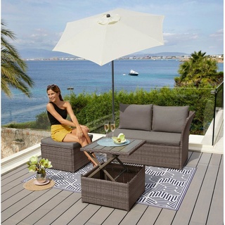 KONIFERA Gartenlounge-Set Marseille Premium, (7-tlg), 2er Sofa, 1 Hocker, Tisch 57x57x36-63 cm, Polyrattan grau