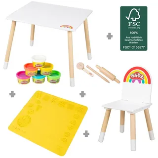 roba® Kindersitzgruppe roba x Play-Doh - Kreatives Sitzgruppen-Set - Spielset aus FSC Holz, (Set, 1 Tisch, 1 Stuhl + 6 Knetdosen, 3 Holzwerkzeuge), 3D-Kreativmatte mit Formen - Toller Spielspaß mit Knete ab 3 Jahren weiß