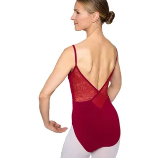 tanzmuster Ballett Trikot Damen Spaghettiträger - Nadine - BH-Pad-Einschub - tiefer Rücken mit geblümter Spitze - burgunder 36 - roter Tanz Body aus Baumwolle - Ballettkleidung für Erwachsene - 36