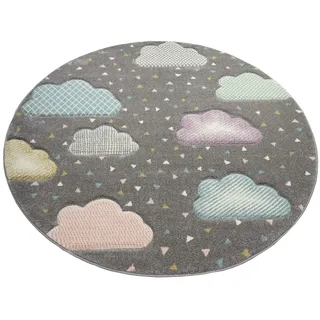 CARPETIA Teppich Kinderzimmer Kinderteppich Wolken grau rosa blau Größe 120 cm Rund