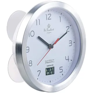 St. Leonhard Baduhr: Badezimmer-Wanduhr mit LCD-Thermometer und Aluminium-Rahmen, IPX4 (Uhr fürs Bad, Uhr fürs Badezimmer, Pool)