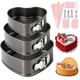 Springform Herz Set ∅ 20/22/24 cm,Federklammer und Antihaftbeschichtung | 3 Stück Herzbackform, Backform Herz Springform Herzbackform, Abnehmbarer Flachboden,Für Hochzeit, Liebende