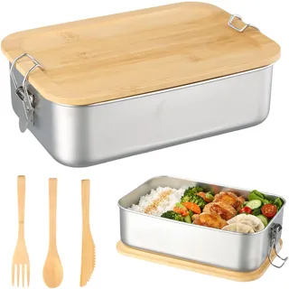 Ziyonix Brotdose Edelstahl Lunchbox Erwachsene Kinder, 1400ML Brotdose Metall mit Holzdeckel BPA-frei Frühstücksbox Brotbox mit Holzbesteckset für Schule Ausflüge Kindergarten