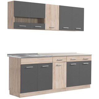 Homestyle4u 2357, Küche Modern Grau Eiche Küchenzeile ohne Geräte Einbauküche Singleküche 200 cm