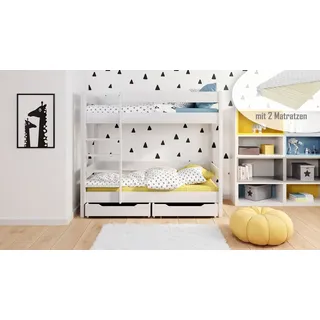 Etagenbett Diego 140x70 Kinderbett mit Rausfallschutz & Lattenrost weiß 70 x 140 für Mädchen und Jungen Massivholz Kiefer, mit Matratzen und Sch... - Weiß