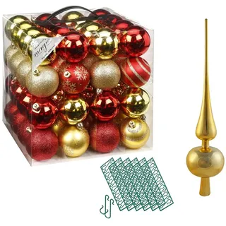 JACK Christbaumschmuck JACK 64x Kunststoff Christbaumkugeln Ø6cm + Spitze 28cm inkl Aufhänger, Kugeln: Rot-Gold, Spitze: Gold