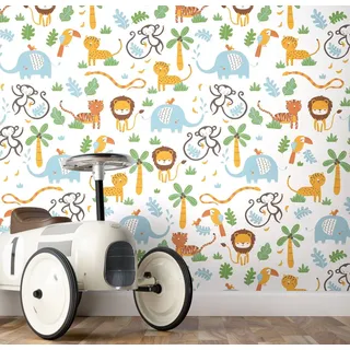 Newroom Vliestapete Aliya Tapete Kinderzimmertapete Tiere,Dschungel,Zoo, Bunt Tapete Kinder Tiere - Kinderzimmertapete Dschungeltapete Weiß Tropisch Dschungel Zoo für Kinderzimmer Jugendzimmer Babyzimmer, Dschungeltapete bunt