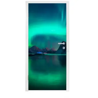 MuchoWow Türtapete Nordlichter - Berge - Norwegen, Matt, bedruckt, (1 St), Türfolie Selbstklebend, Türtapete, Türdeko Poster, 95x235 cm bunt 95 m x 235 m