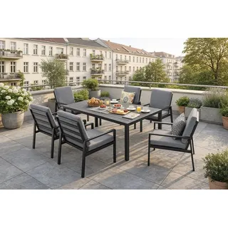 MeXo Gartenlounge-Set Lounge Gartenmöbelset Aluminium Wetterfest, (Garten Essgruppe für 6 Personen, 7-tlg., 6 Sessel, Esstisch 140x80x70 cm), 85 cm Rückenlehne, hoher Sitzkomfort grau