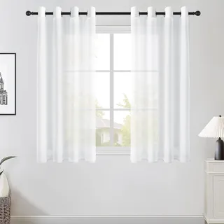 Topfinel Gardinen Kurz Vorhang Stores Gardine mit Ösen Vorhänge Weiß Halbtransparent Gardienen Schals Wohnzimmer Modern Weihnachtsdeko Fenster Ösenvorhang 2er Set 145x140cm (HxB)