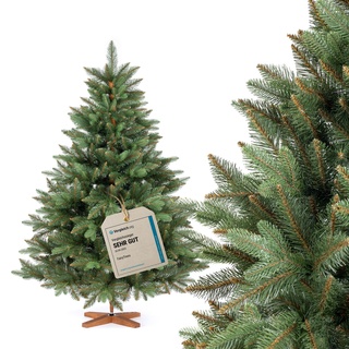 FAIRYTREES Weihnachtsbaum künstlich, Nordmanntanne Premium 150 cm, Naturgetreue Spritzguss Elemente, Made in EU, Künstlicher Weihnachtsbaum mit handgefertigtem Ständer aus Eschenholz