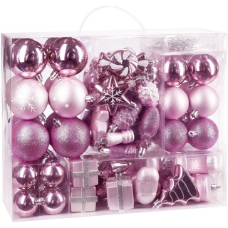 BRUBAKER Weihnachtsbaumkugel 77-teiliges Weihnachtskugel-Set, Christbaumschmuck aus Kunststoff, Weihnachtsdekoration Baumkugeln rosa