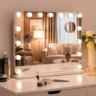 Clevich Hollywood Schminkspiegel mit Beleuchtung, 58 x 46cm, 15 LED & 3 Farbtemperatur Dimmbar, Kosmetikspiegel mit USB-, 10-facher Lupe, für Schminktisch, Weiß [Energieklasse F]